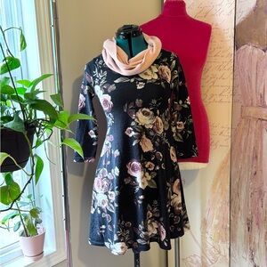 Belle Tweed Black and Pink Floral Long Sleeve Dress